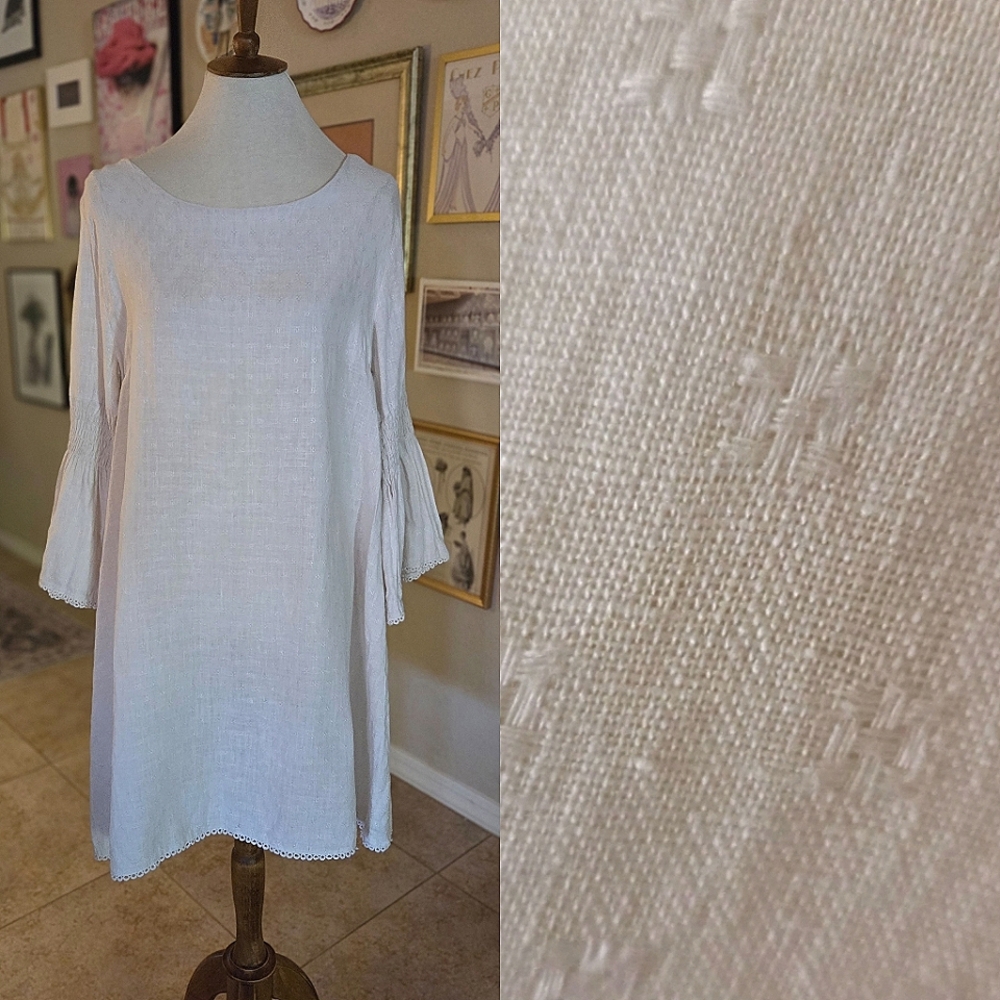 Vintage Cream Linen‎ Trumpet Sleeve Shift Midi Lagenlook Dress